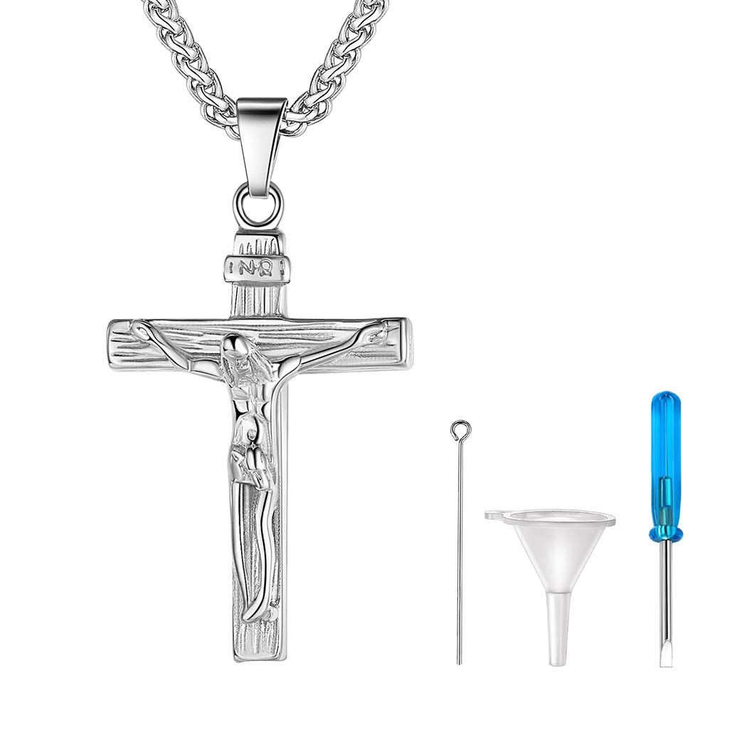 Richsteel INRI Cross Pendant Cremation Necklace, Crucifix Pendant & Resizable Wheat Chain, Can Put Ashes(With Tools), 316L Stainless Steel Memory Religious Jewelry Cremains Necklace