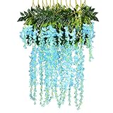 12 Pack 1 Piece 3.6 Feet Artificial Fake Wisteria Vine Ratta Hanging Garland Silk Flowers String Home Party Wedding Decor (Blue)