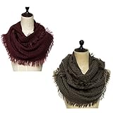 Lucky Leaf Women Warm Knit Winter Infinity Scarf Pack of 2 (Tassels Burgundy+Khaki)
