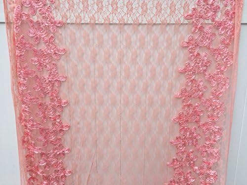 Fancy Coral Peach LACE Fabric with Coarl Ribbon Bonnaz Design~ 2 Yds~68"Wide