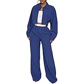 EXLURA Womens 2 Piece Outfits Long Sleeve Zip Up Crop Jackets Long Wide Leg Pant Suits Spring Airport Travel Matching Sets
