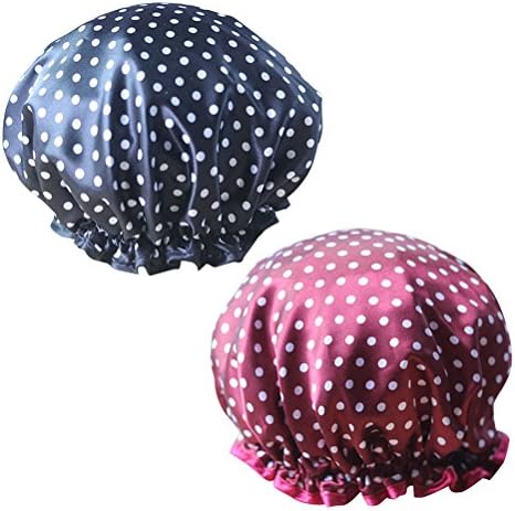 Winomo シャワーキャップ バスキャップ 入浴 お風呂 ヘアキャップ 2層 防水 軽量 水玉 折りたたみ 調節可能 携帯便利 子供大人 黒とワインレッド Spa 信託 再使用可能 男女兼用 旅行 美容院