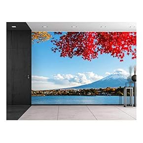 Mount Fuji Across a Lake Being Framed by a Red Tree - Wall Mural, Removable Sticker, Home Decor - 66x96 inches