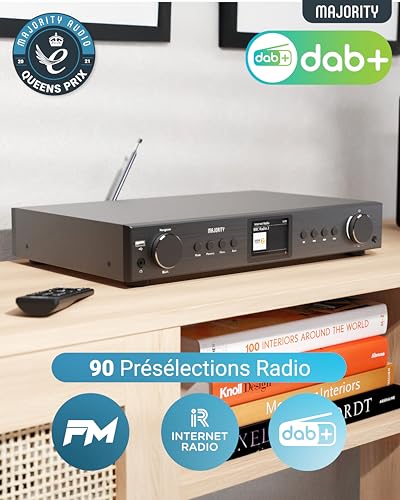 Radio Internet DAB FM WIFI Bluetooth |Tuner DAB pour Chaine Hifi avec Spotify Connect | Tuner HIFI avec Plus de 90 présélections, écran LED couleur | USB, AUX, RCA | Majority Fitzwilliam 2024 Noir | DAB+ Tuner for HiFi, FM, Color Display, USB, AUX, RCA, Optical and Coaxial, Remote Control, 90 Presets - Black