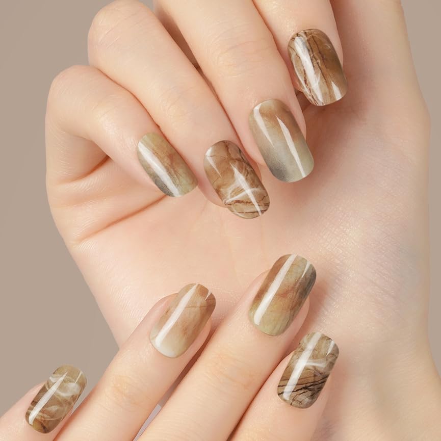 DANNI & TONI Semi Cured Gel Nail Strips Gel Nail Stickers, Marble Pattern Salon-Quality Nail Polish Strips Manicure Set(Bittersweet) 28Pcs