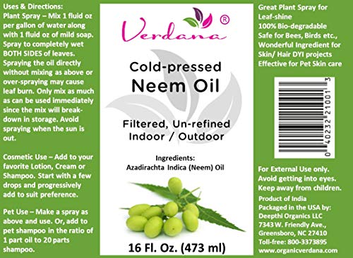 Verdana Cold Pressed Neem Oil 16 Fl. Oz - Unrefined, Filtered - Indoor/Outdoor Leaf-Shine Plant Spray, Pet Care, Skin Care, Hair Care - Thumbnail 2