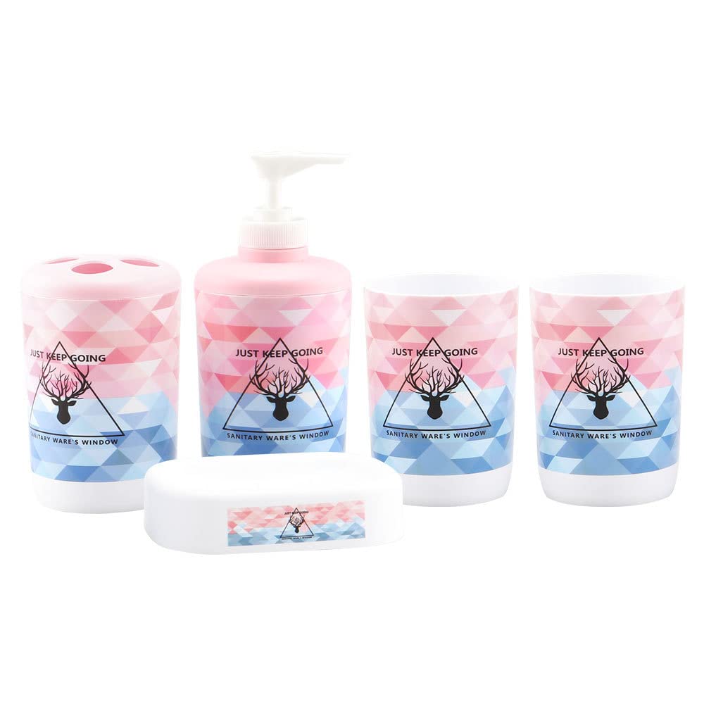 Hosoncovy 5 Pieces Bathroom Accessory Set Bathroom Container Set with Cups,Soap Dispenser, Bathroom Cup, Soap Dish ，Toothbrush and Toothpaste Holder (B)