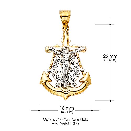 14K Two Tone Gold Jesus Crucifix Anchor Pendant with 1.2mm Singapore Chain Chain Necklace - 24"