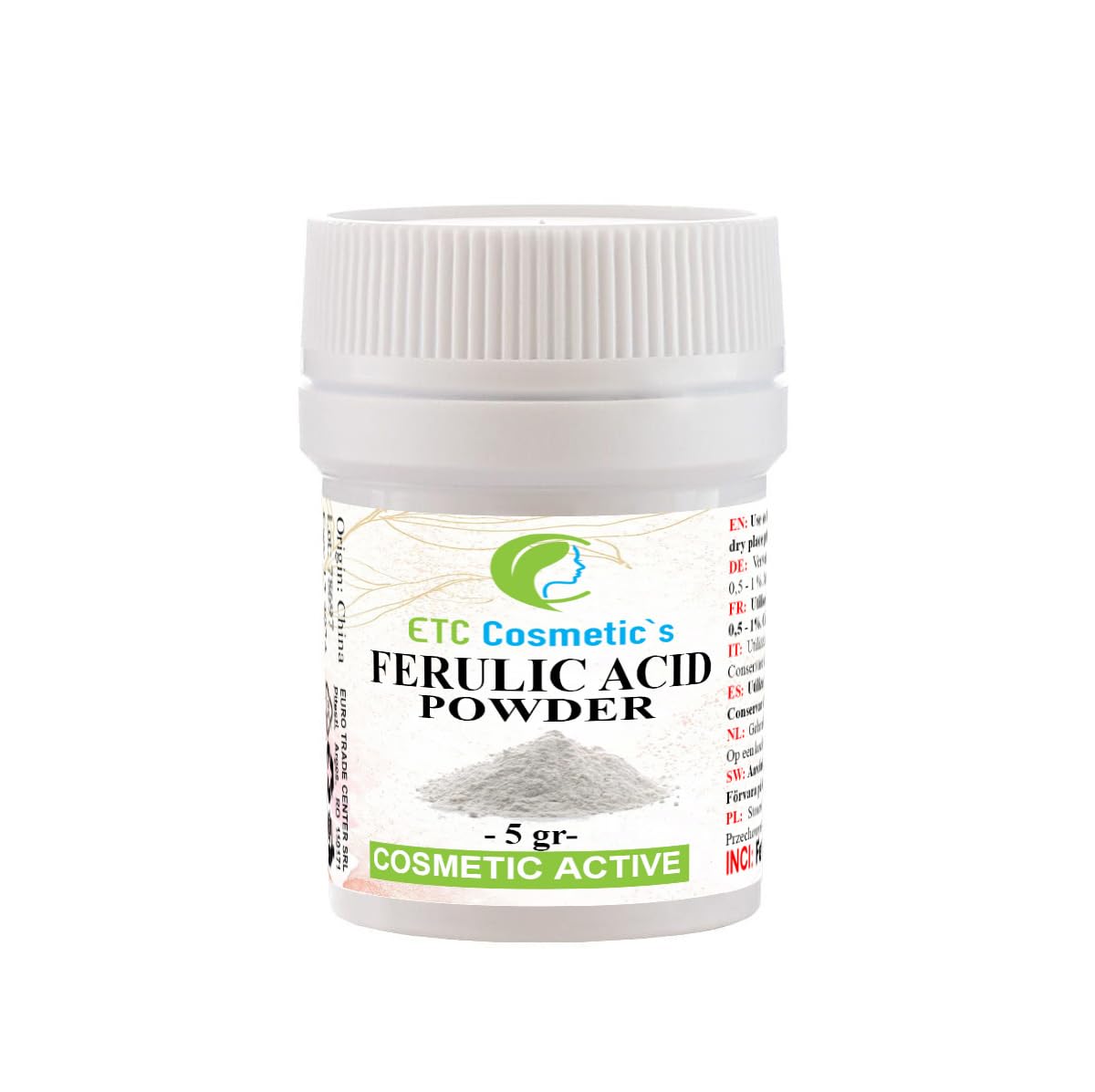 Pure Ferulic Acid Powder - 5 Grams - A Potent antioxidant and Free Radical Destroyer | Stabilizes Vitamin C and Protects Cells, for use in Creams, serums, lotions