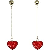 Heart Earrings for Women Valentine Day Rhinestone Red Love Heart Dangle Drop Earrings (D-Long Red)