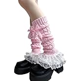 Leoparts Women's Knit Leg Warmers Y2K Bow Lace Trim Knee High Leg Sleeve Socks for Lolita Costume Party Accessory