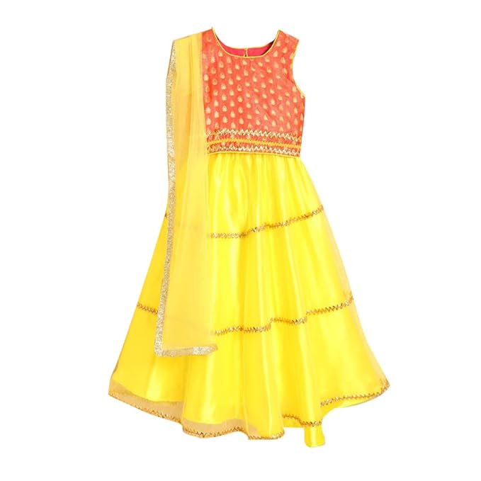 Kids Chakra By Hopscotch Girls Cotton Net Lehengas & Blouses In Yellow Color