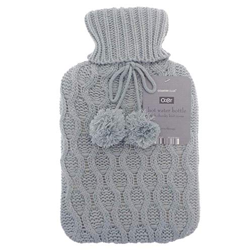 The Good Life GREY CHUNKY SOFT CABLE KNITTED COVER WITH POM POMS HOT WATER BOTTLE