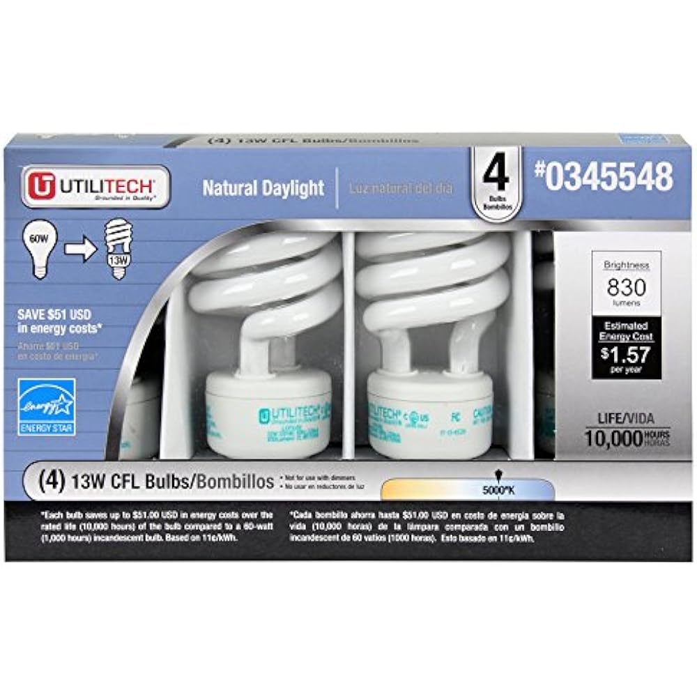 Utilitech 4Pack 13Watt (60W) Spiral Medium Base Daylight (5000K) CFL