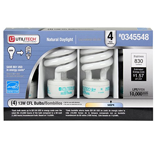 Utilitech 4Pack 13Watt (60W) Spiral Medium Base Daylight (5000K) CFL Bulbs ENERGY STAR