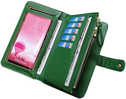 Leather Wallets for Women Aeeque Women's Wallet Purse Touch Screen Phone Bag Large Capacity Zipper Wallet Green Wrist Strap Ladies Clutch Handbag for iPhone Xs Xr 8 7 6s Samsung Galaxy Huawei LG