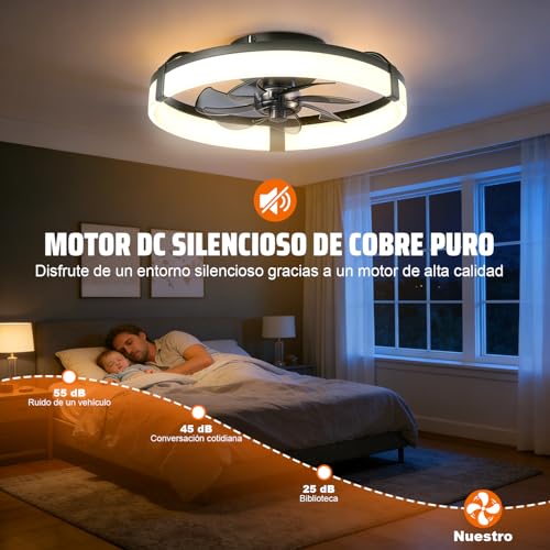 Ventilador de Techo con Luz 50cm/20in, Lámpara con Remoto y APP, Luz 3 Colores, 6 Velocidades, Función Temporizador, Motor de CC Silencioso y Reversible