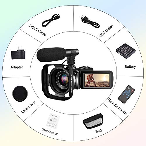 Video Camera Camcorder,Vlogging Camera for Youtube 2.7K Full HD 30MP 18X Digital Video Camcorder with Microphone, Lens Hood,2 Batteries