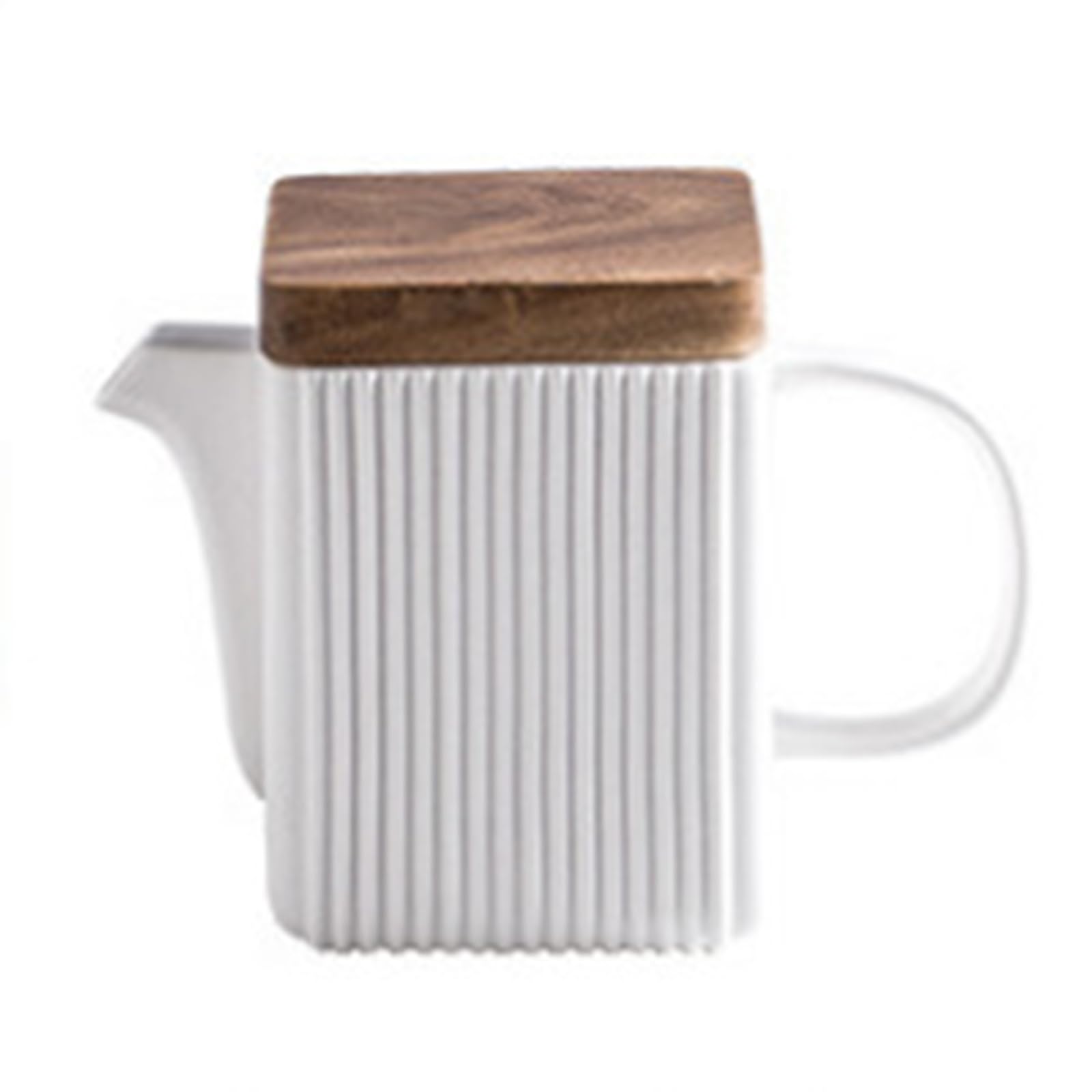 Soulnioi Ceramic Teapot,with Acacia Wood Lid,Ceramic Square Teapot,Porcelain Coffee Pot Cups,with Stainless Steel Infuser for Home&Office White