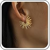 Sttiafay Vintage Sun Hoop Earrings Gold Sunburst Hoop Stud Earrings Sun Open C Shape Earrings Statement Spike Sunburst Earrings Punk Spike Sunlight Earrings