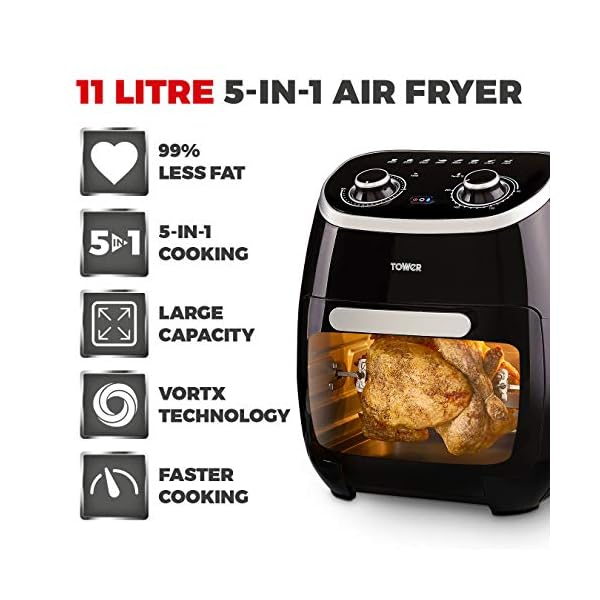 Tower-T17038-5-in-1-Air-Fryer-Oven-with-Rapid-Air-Circulation-Manual-Control-and-60-Minute-Timer-11-Litre-Black Tower T17038 Xpress 5-in-1 Manual Air Fryer Oven with Rapid Air Circulation, 60-Minute Timer, 11L, 2000W, Black