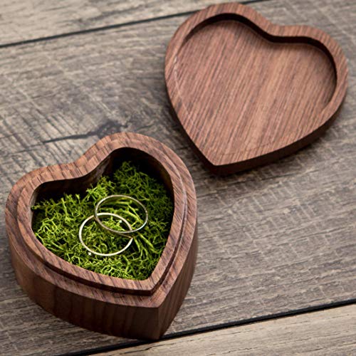 Heart shaped wood box filled with green moss (Engagement Proposal Ring Box - Ring Bearer Box - Jewelry Storage Box - Photo Prop)