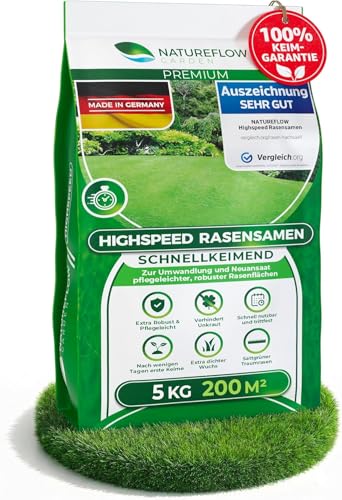 Rasensamen schnellkeimend Sommer 5kg – TEST SEHR GUT – Grassamen schnellkeimend Rasen Nachsaat Made in Germany – Rasensaat 200qm - Rasensamen Sommer S