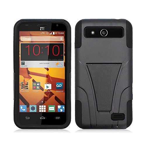 ZTE Maven Z812 (AT&T) - Black Dual Layer Impact Resistant Kickstand Case + Atom LED