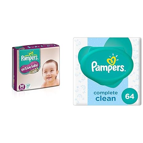 Pampers Active Baby Diapers, Medium (90 Count) & Pampers Fresh Clean Baby Wipes (64 Count)