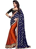 IndusDiva Dark Orange and Navy Blue Satin and Chiffon Half and Half Saree