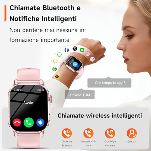 2026 Nuovo Smartwatch Donna con ECG/Pressione Sanguigna/Sonno/Acido Urico/Temperatura/HRV/Cardiofrequenzimetro/BMI/Emozioni/Fatica, 2,0"Orologio Salutare con Torcia LED/Funzione Telefono/Pulsante SOS