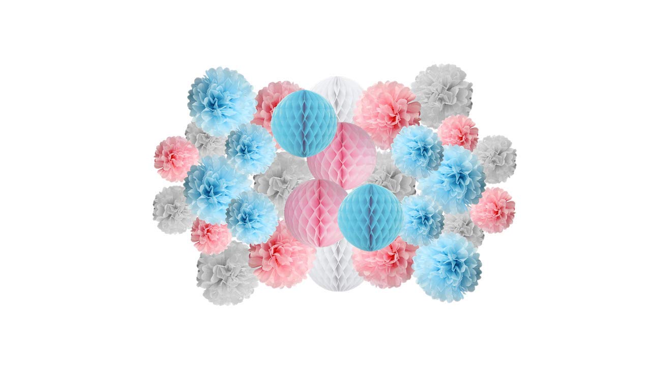 Matissa Pack of 30 mix of paper pompoms and honeycomb balls birthday wedding christmas vallentine school party decoration (Blue/Pink Shade)