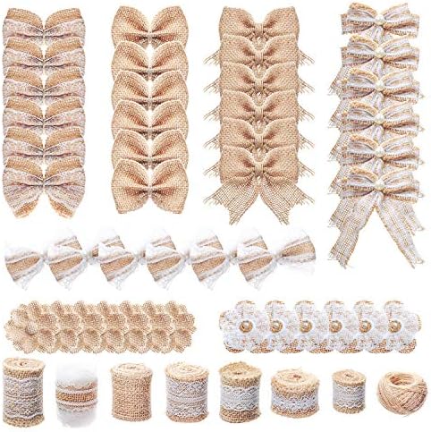 Natural Burlap Flowers Set, Include Lace Burlap Ribbon Roll, Handmade Rustic Burlap Flowers and Jute Twine String for Rustic Wedding Party Home Decoration DIY Craft (50)