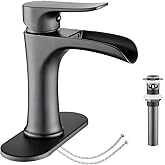 Waterfall Bathroom Faucet Black YUNDOOM Matte Black with Pop Up Drain Single Handle One Hole or Three Holes Vanity Farmhouse RV Vessel Basin Faucet Deck Mount