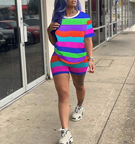 Womens Shorts 2 Piece Outfits Rainbow Stripe Workout Clothes Colorful Two Piece Tracksuits Running Shorts Sets