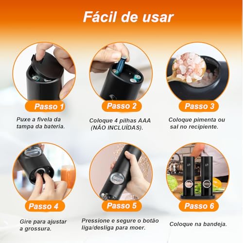 Moedor Elétrico de Sal e Pimenta, Conjunto com 2 Unidades, 70ml, Preto