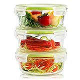 6 Pieces Glass Food Storage Container Set 32oz(3 containers +3 lids) with Snap Locking Lid,Airtight,Microwave,Oven,Freezer,Dishwasher Safe,BPA-Free(Round)