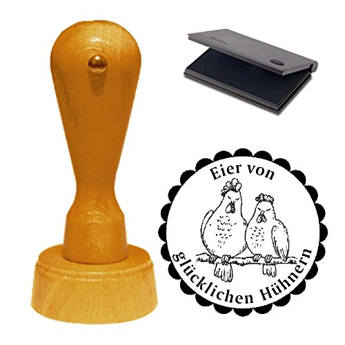 Stempel « Eier von glücklichen Hühnern » mit Motiv Hühnerpaar und schwarzem Kissen