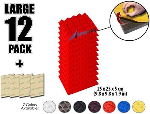 Arrowzoom New 12 Pack of 9.8" X 9.8" X 1.9" Inches Soundproofing Insulation Pyramid Self Adhesive Acoustic Foam Wall Padding Studio Foam Tiles AZ1053 (RED)