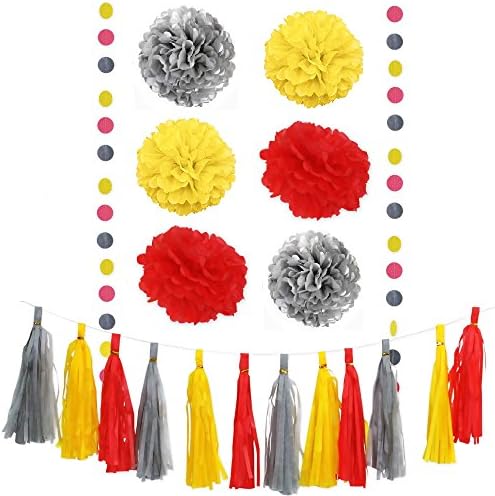 Party Decoration Favors Coral Yellow Gray Tissue Paper Pom Pom, Tassel Garland Decor Set For Baby Showers, First Birthday Decorations, Gender Neutral Party, Summer & Spring Theme Parties