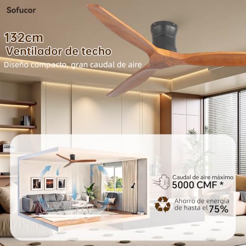 Sofucor 132cm Ventilador de Techo con Mando a Distancia, Madera Maciza Ventilador de Techo sin Luz, Silencioso DC, Temporizador, 3 Temperaturas de Color, 6 Velocidades para Salones
