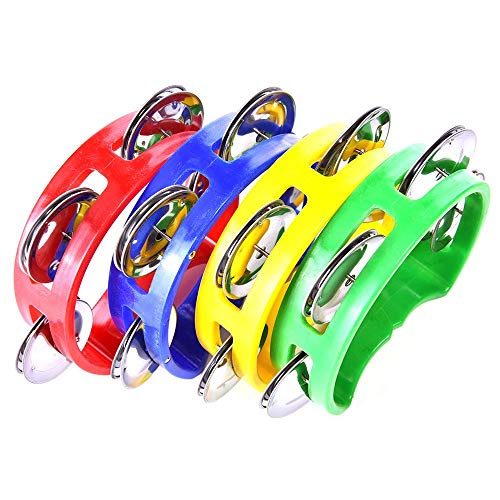 MOTZU 4 Pack Plastic Musical Percussion Tambourines, Dual Alloy Recording Combo Tambourine, Cutaway Half Blossom with 4 Bells Comfortable Teaching Toys for Kids, Adults, Multicolour