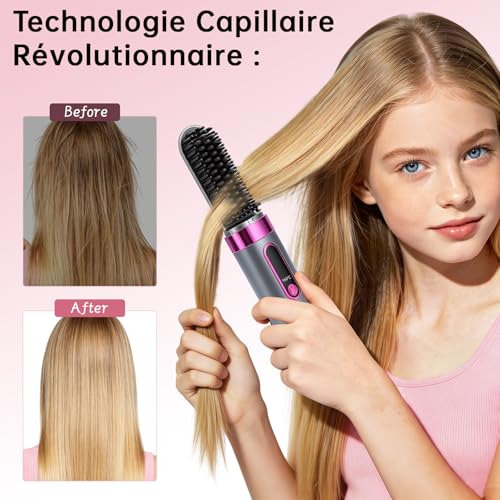 Frikmed Rechargeable Cordless Straightening Brush, 4000mh Mini Portable Heating Brush with LCD Display, 4 Temperatures 160-220°C, Anti-Frizz Ionic, USB-C, Travel Straightening Comb for Women