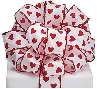 #9 White Stain ribbon with 3 rows of red hearts down ribbon. Red sewn wired edge. 1 1/2" W X 20yds (9727226)