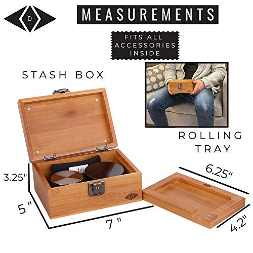 Premium Stash Box Kit with Lock - and Bamboo Wood Rolling Tray Combo, 100 mL Airtight UV Smell Proof Jar, Premium Grinder with Magnetic Lid, Charcoal Bag, 2 Discreet Odorless Resealable Bags
