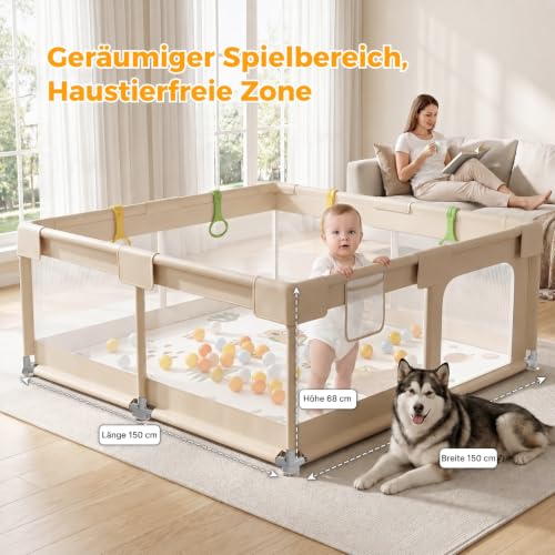 KUQAZ Beige Baby Playpen with Mat – 150 x 150 cm Safe Children's Playpen, Square Oxford Fabric Playground, Breathable Mesh 360°, Stable Structure with Powerful Suction Cups and 4 Rings