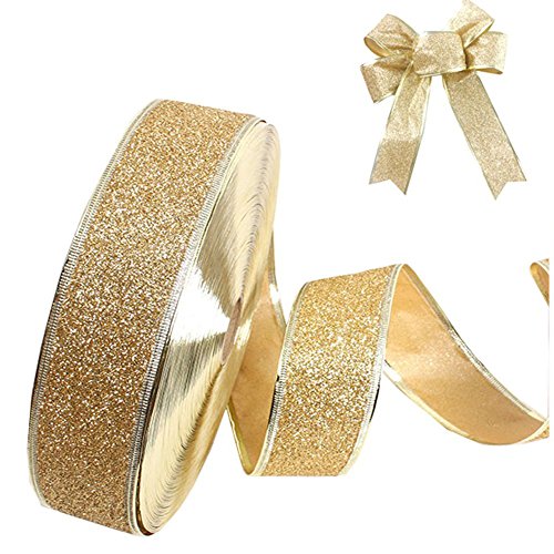 LAAT Wired Edge Glitter Ribbon Christmas Tree Decoration for Christmas Gift Wrapping, Wedding, Party Ornaments-2M (Gold)