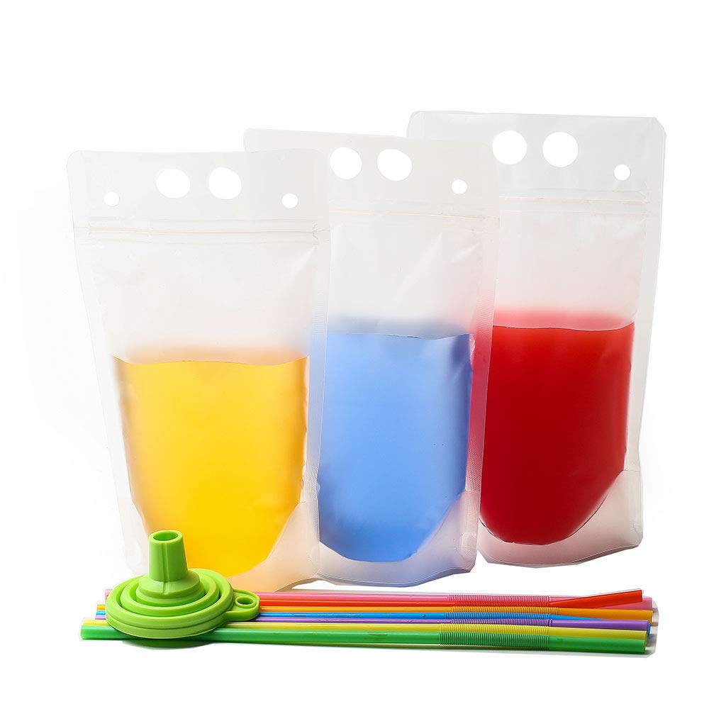 Kamenia 100pcs Reusable Drink Pouches with Straws, Zipper
