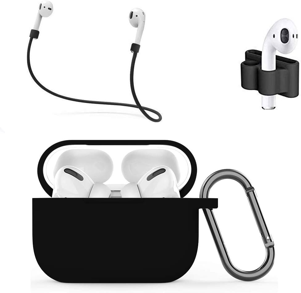 MMOBIEL Silicone Shockproof Case compatible with AirPods Pro Protective Cover Skins 4in1 Set with Clip Ear hooks Strap (Black)