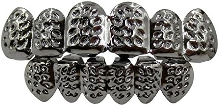 New Custom Fit 14k Plated Diamond Cut Teeth Grillz Caps Top &amp; Bottom Grill Set (Black)
